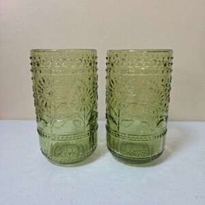 Set of 2 Green Glass Sunflower Highball Tumblers Embossed Floral Hobnail 6 inch